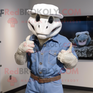 White Python mascot costume character dressed with a Denim Shirt and Bracelet watches