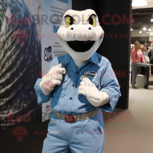 White Python mascot costume character dressed with a Denim Shirt and Bracelet watches