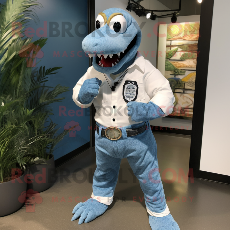 White Python mascot costume character dressed with a Denim Shirt and Bracelet watches