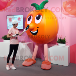 Peach Stilt Walker mascot costume character dressed with a Culottes and Smartwatches