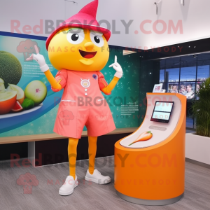 Peach Stilt Walker mascot costume character dressed with a Culottes and Smartwatches
