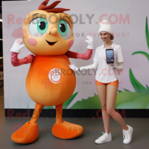 Peach Stilt Walker mascot costume character dressed with a Culottes and Smartwatches