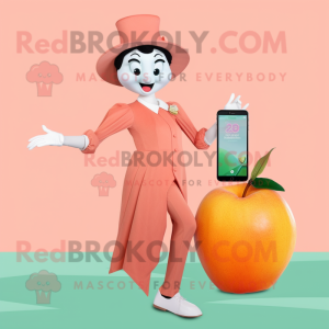 Peach Stilt Walker mascot costume character dressed with a Culottes and Smartwatches