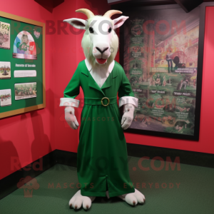 Forest Green Boer Goat mascot costume character dressed with a Wrap Dress and Lapel pins