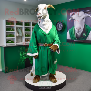 Forest Green Boer Goat mascot costume character dressed with a Wrap Dress and Lapel pins