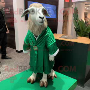 Forest Green Boer Goat mascot costume character dressed with a Wrap Dress and Lapel pins