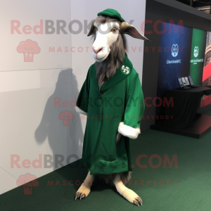 Forest Green Boer Goat mascot costume character dressed with a Wrap Dress and Lapel pins