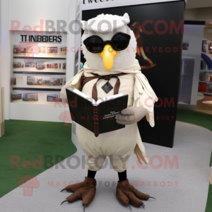 Cream Blackbird mascot costume character dressed with a Overalls and Reading glasses