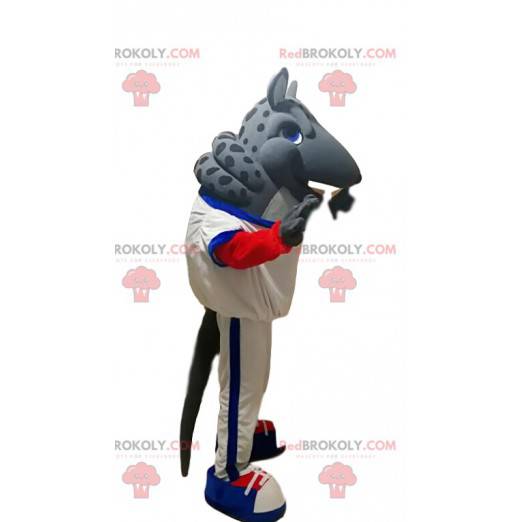 Mascota de armadillo gris con ropa deportiva blanca -