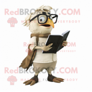 Cream Blackbird mascot costume character dressed with a Overalls and Reading glasses