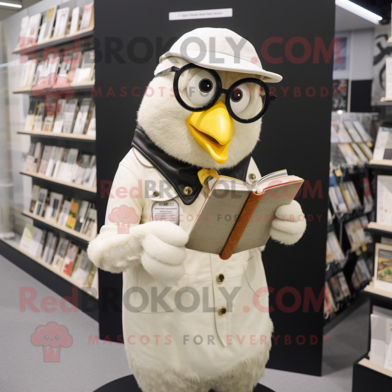 Cream Blackbird mascot costume character dressed with a Overalls and Reading glasses Cream Blackbird mascot costume character dressed with a Overalls and Reading glasses