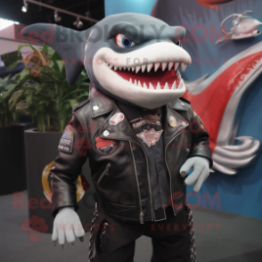 nan Shark mascot costume character dressed with a Biker Jacket and Lapel pins