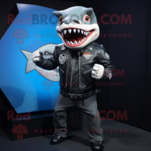 nan Shark mascot costume character dressed with a Biker Jacket and Lapel pins