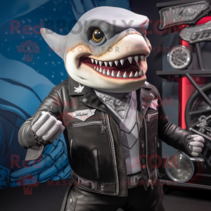 nan Shark mascot costume character dressed with a Biker Jacket and Lapel pins