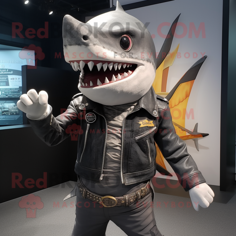 nan Shark mascot costume character dressed with a Biker Jacket and Lapel pins