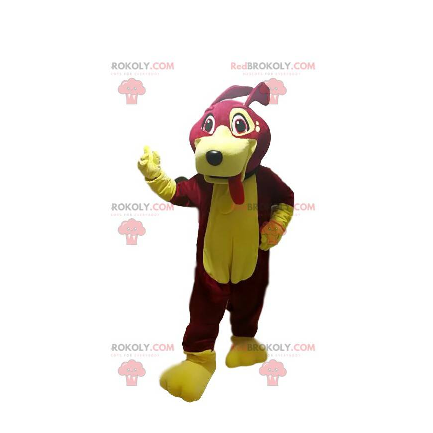 Fuchsia and yellow dog mascot sticking out its tongue -