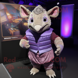 Lavender Armadillo mascot costume character dressed with a Vest and Scarves