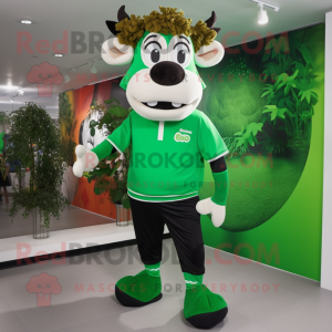 Forest Green Jersey Cow mascot costume character dressed with a Joggers and Hair clips