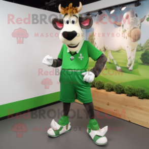 Forest Green Jersey Cow mascot costume character dressed with a Joggers and Hair clips