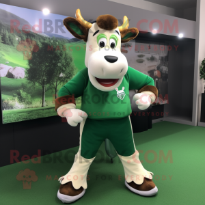 Forest Green Jersey Cow mascot costume character dressed with a Joggers and Hair clips