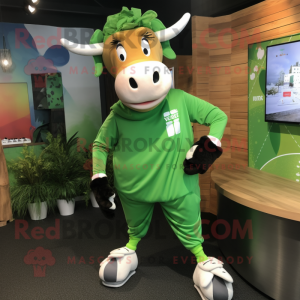 Forest Green Jersey Cow mascot costume character dressed with a Joggers and Hair clips