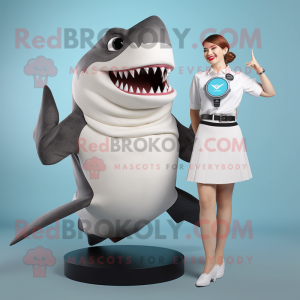 Cream Megalodon mascot costume character dressed with a Skirt and Smartwatches