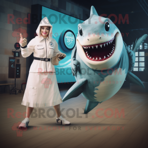 Cream Megalodon mascot costume character dressed with a Skirt and Smartwatches