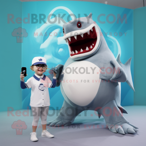 Cream Megalodon mascot costume character dressed with a Skirt and Smartwatches