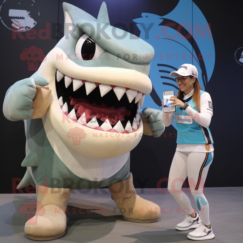 Cream Megalodon mascot costume character dressed with a Skirt and Smartwatches