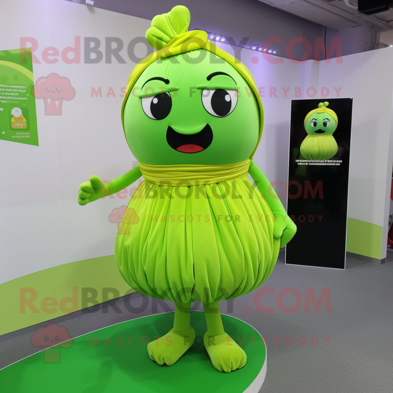 Lime Green Turnip mascot costume character dressed with a Mini Skirt and Shoe laces