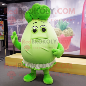 Lime Green Turnip mascot costume character dressed with a Mini Skirt and Shoe laces