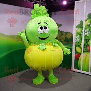 Lime Green Turnip mascot costume character dressed with a Mini Skirt and Shoe laces