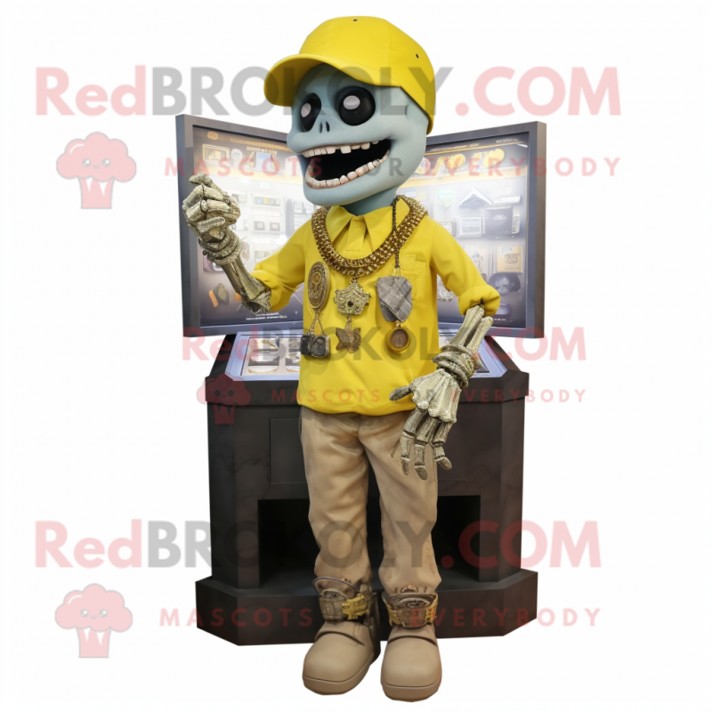 Yellow Graveyard mascot costume character dressed with a Cargo Pants and Necklaces Yellow Graveyard mascot costume character dressed with a Cargo Pants and Necklaces