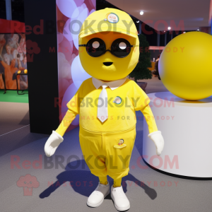 Lemon Yellow Human Cannon Ball mascot costume character dressed with a Polo Tee and Pocket squares