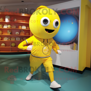 Lemon Yellow Human Cannon Ball mascot costume character dressed with a Polo Tee and Pocket squares