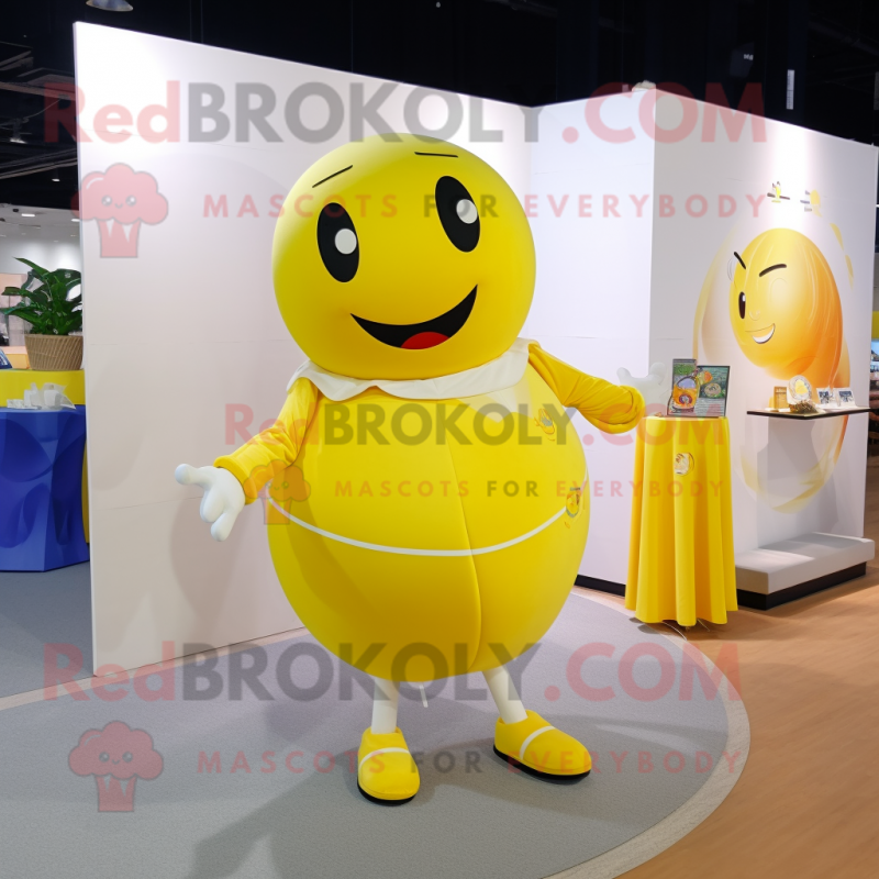 Lemon Yellow Human Cannon Ball mascot costume character dressed with a Polo Tee and Pocket squares Lemon Yellow Human Cannon Ball mascot costume character dressed with a Polo Tee and Pocket squares