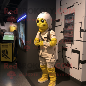 Lemon Yellow Mummy mascot costume character dressed with a Cargo Pants and Bracelet watches