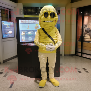 Lemon Yellow Mummy mascot costume character dressed with a Cargo Pants and Bracelet watches