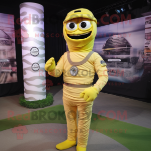 Lemon Yellow Mummy mascot costume character dressed with a Cargo Pants and Bracelet watches