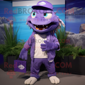 Purple Barracuda mascot costume character dressed with a Henley Shirt and Clutch bags