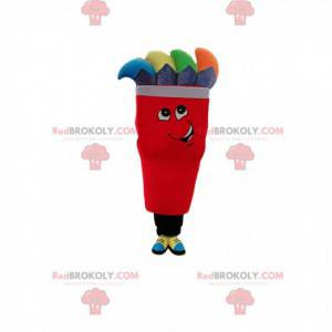 Mascotte personaggio rosso con stoppini grigi e multicolori -