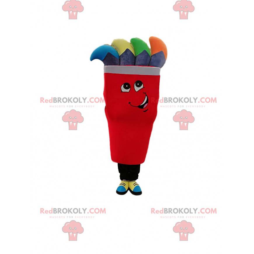 Red character mascot with gray and multicolored wicks -