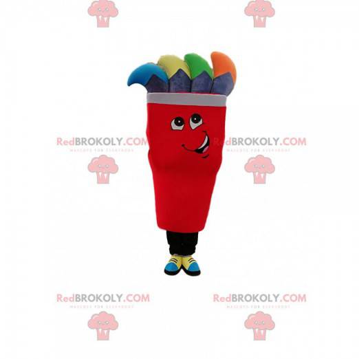 Mascota de personaje rojo con mechas grises y multicolores -