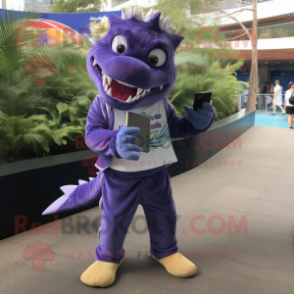 Purple Barracuda mascot costume character dressed with a Henley Shirt and Clutch bags