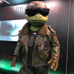 Green Marine Recon mascot costume character dressed with a Leather Jacket and Necklaces