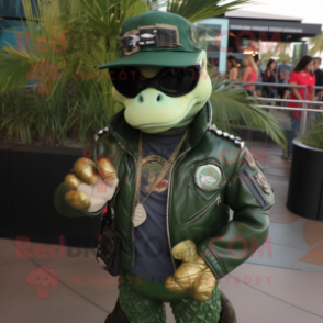 Green Marine Recon mascot costume character dressed with a Leather Jacket and Necklaces