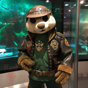 Green Marine Recon mascot costume character dressed with a Leather Jacket and Necklaces