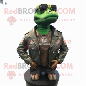 Green Marine Recon mascot costume character dressed with a Leather Jacket and Necklaces