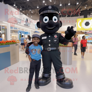 Black Commando mascot costume character dressed with a Mom Jeans and Tie pins