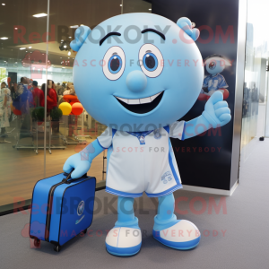 Sky Blue Soccer Ball mascot costume character dressed with a Wrap Skirt and Briefcases